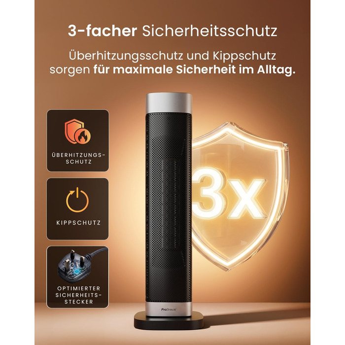 Керамічний тепловентилятор-тумба Pro Breeze ThermaCube Plus 2200W з термостатом, дистанційним керуванням та функцією обертання 65°, Eco-режим, захист від перекидання