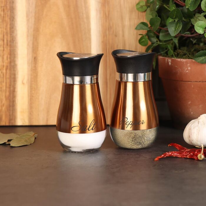 Набір для солі та перцю Com-Four® 2 шт. з нержавіючої сталі та скла - солянка та перечниця - набір спецій з написом для кухні та ресторану (мідний)