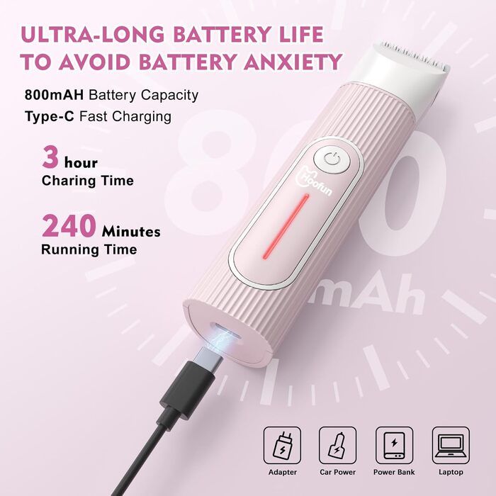 Професійна шерстьрізка для собак та котів Hoofun 4-в-1, IPX7, бездротова, з 4 насадками, для собак, котів, кроликів (біла/рожева)