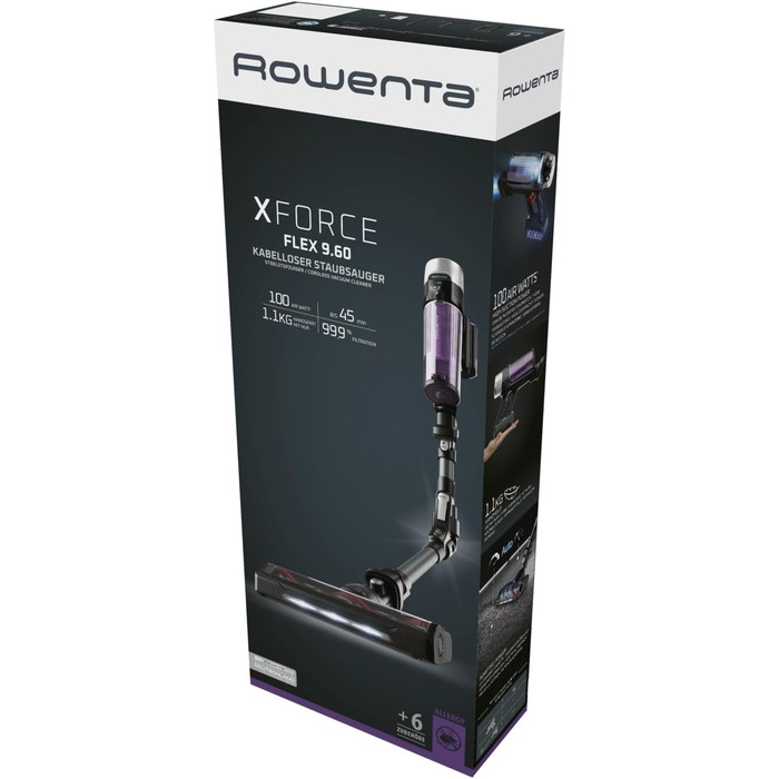 Акумуляторний вертикальний пилосос Rowenta X-Force Flex 9.60 Complete RH2099WO (фіолетовий) з LED-підсвіткою та повним набором насадок, 100 AW