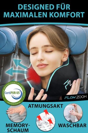 Подушка для шиї FLOWZOOM Comfy - для подорожей літаком та автомобілем. Регульована подушка з піною з пам'яті з підтримкою 360°, м'яка дихаюча обкладинка, транспортна сумка. Колір: сірий (Comfy - чорний)
