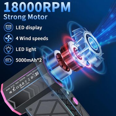 Електричний пилосос-фен, 10000mAh, LCD, міні-фен з ліхтариком для відпочинку на природі, 180000RPM, 4-та ступінь сили, чорний