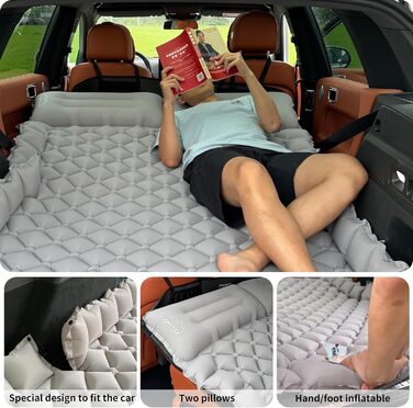 Автоматизована повітряна матрац для авто SUV, 2 особи, для кемпінгу та подорожей, самонадувна, з насосом та подушками, 183*13*7 см, чорний, підтримка (Сірий+сірий ковдра)