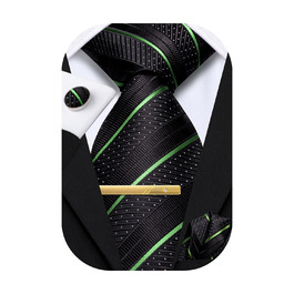 Комплект краватки та нагрудного хустинки Hi-Tie для чоловіків, золотий, з латунними застібками, формальний шовковий, для вечірки, весілля (смугастий чорний/зелений)