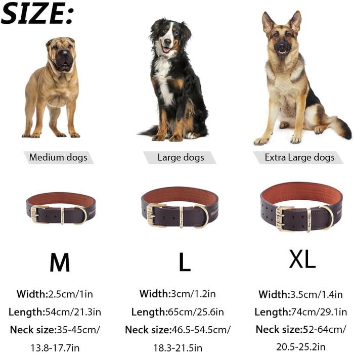 Шкіряний нашийник для собак з відбиваючим ефектом, регульований, м'який, з підкладкою, для маленьких, середніх та великих собак (Колір: Коричневий, Розмір L (46-56 см))