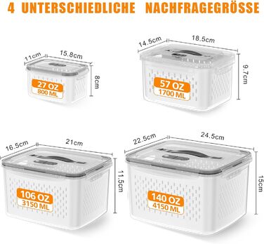 4-Pack Refrigerator Organizer – Vegetable Storage & Organization, stackable with strainer, lid and handle for the kitchen – Fridge Organizer for refrigerator storage