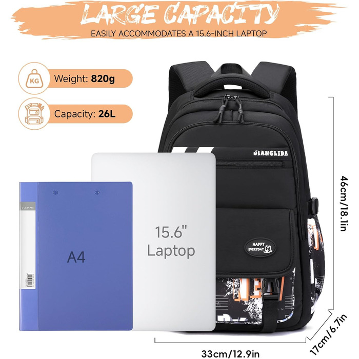 Шкільний рюкзак Tanou для хлопців-підлітків, принт графіті, водонепроникний, для школи, гімназії, старшої школи (Чорний/Оранжевий)