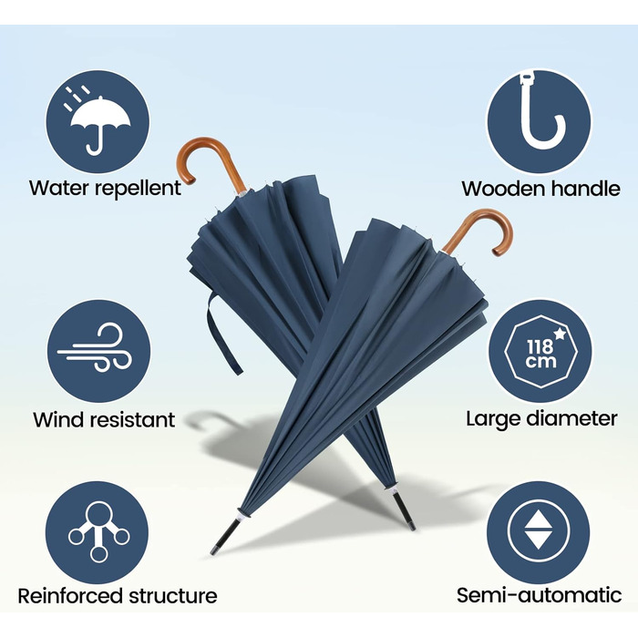 NINEMAX Large Windproof Umbrella - Wooden Handle Walking Umbrella for Men & Women - 16 Ribs Automatic Open - 2 Person Capacity (Navy Blue)