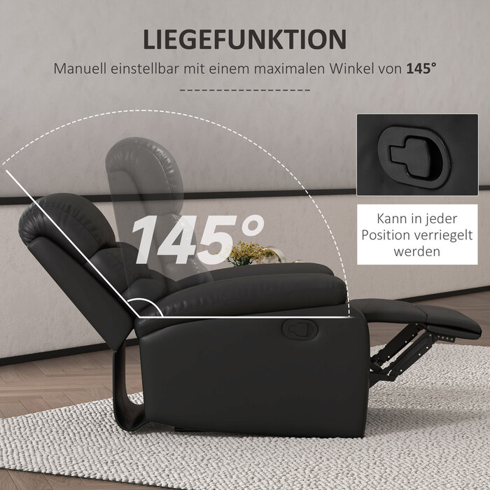 HOMCOM TV Recliner Chair with Reclining Function, 145° Recline, Footrest, Weight Capacity up to 125 kg, Foam, Faux Leather, W78 x D90 x H105 cm, Black | Aosom