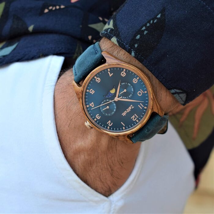 Годинник Zeitholz Holzuhr для чоловіків, аналоговий, 42 мм, з натурального дерева та японським кварцовим механізмом. Екологічний стиль, преміум якість. Колір: блакитний