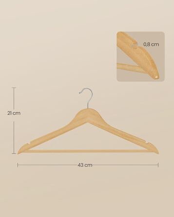 Плечики для одягу SONGMICS з дерева, набір 20 шт., дерев'яні тонкі плечики, для сорочок, жакеток та штанів, з вирізами для плечей, 360° обертовий гачок, береза, білий, CRW0W02