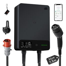Wallbox 11 кВт з Wi-Fi та кабелем Type 2 7,5м, 3-фазне зарядне для електромобілів (BEV/PHEV), захист RCD Type A 30mA/DC 6mA, IP54, чорний