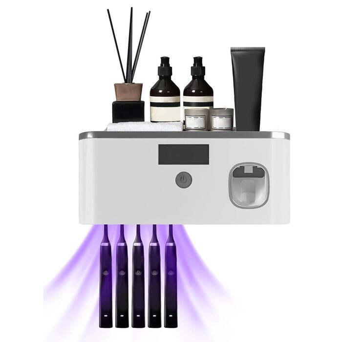 Електричний тримач зубних щіток з дозатором пасти, UV-дезінфекція, настінний монтаж, 2 способи зарядки (золотий/чорний)