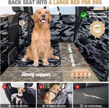 Накладка на сидіння автомобіля для собак Lekeinchi - водовідштовхувальна, стійка до подряпин, з 6 дерев'яними планками та ременями безпеки (140x77 см, камуфляж)
