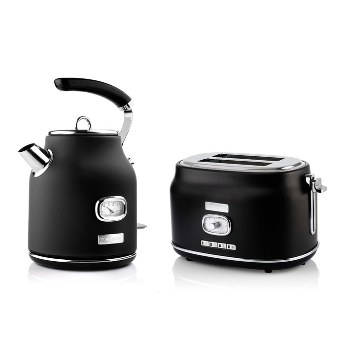 Набір для сніданку Westinghouse Retroline (Тостер та Чайник), 1.7 л, фільтр від накипу, захист від перегріву, тостер з підігрівом для бургерів, піддон для крихт, чорний