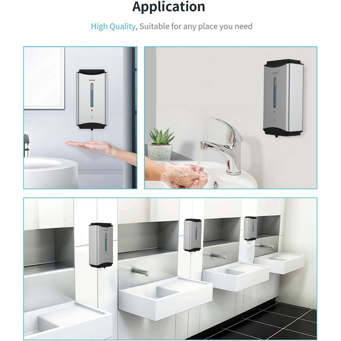 AIKE Automatic Stainless Steel Soap Dispenser - 1100ml Commercial Wall Mounted Soap Dispenser with Window, AK1206 Brushed Stainless Steel