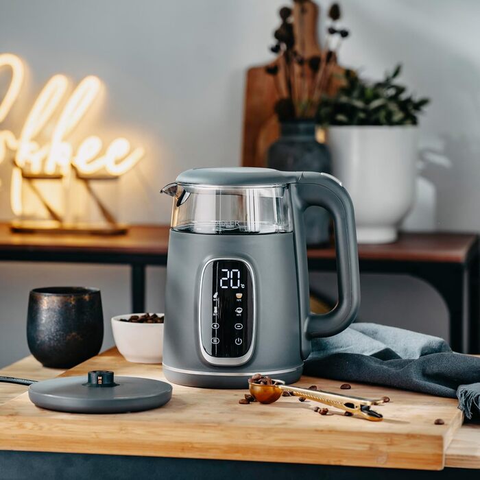 Електричний чайник Adler з регулюванням температури 2200W, 1.7L з LED-дисплеєм та сенсорною панеллю, 5 програм, функція підтримання тепла, фільтр, темно-сірий сріблястий колір