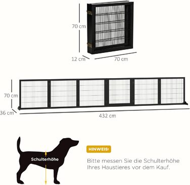 Захисне ґратка для собак PawHut - регульоване, вільне стояння, 70H x 432B см, 6 панелей, чорний