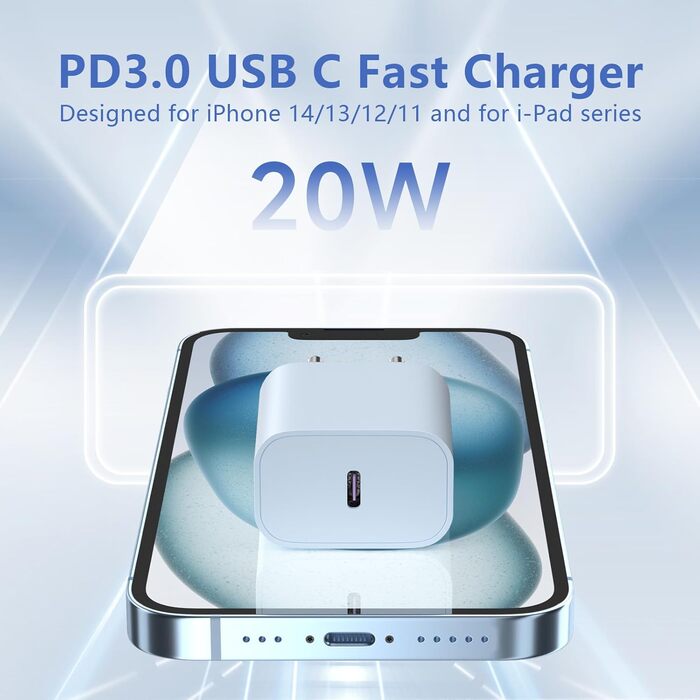 Зарядний пристрій 20W USB-C з кабелем Lightning для iPhone 14/13/12/11/X/SE (2 шт., фіолетовий+синій)