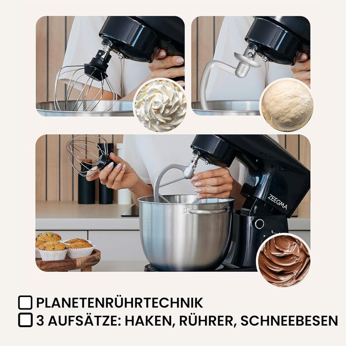 Кухонний комбайн ZEEGMA PLANEET EASY 1500W, 5.2 л, 10 швидкостей, з набором насадок (міксер, гачок, вінчик), чорний