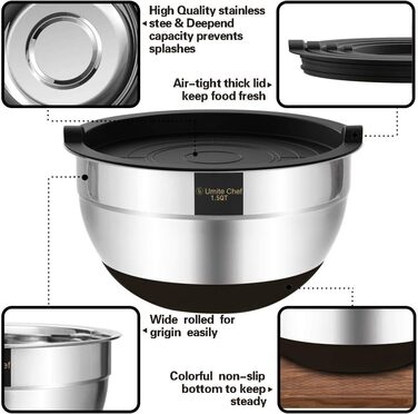 Umiten Mixing Bowls with Airtight Lids, 6-Piece Stainless Steel Metal Bowls Chef, Measuring Markings Durable Quality Size 7, 3.5, 2.5, 2.0, 1.5, 1QT, ideal for Mixing and Serving (Black)