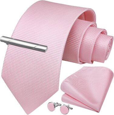 Комплект краватки для весілля HISDERN: краватка в клітинку, нагрудна хустинка, краваткова застібка та запонки (Рожевий, 3)