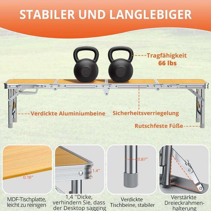 Складний кемпінговий стіл FUNYKICH 116x40x26 см, жовтий - алюмінієвий, MDF стільниця, з сумкою для перенесення