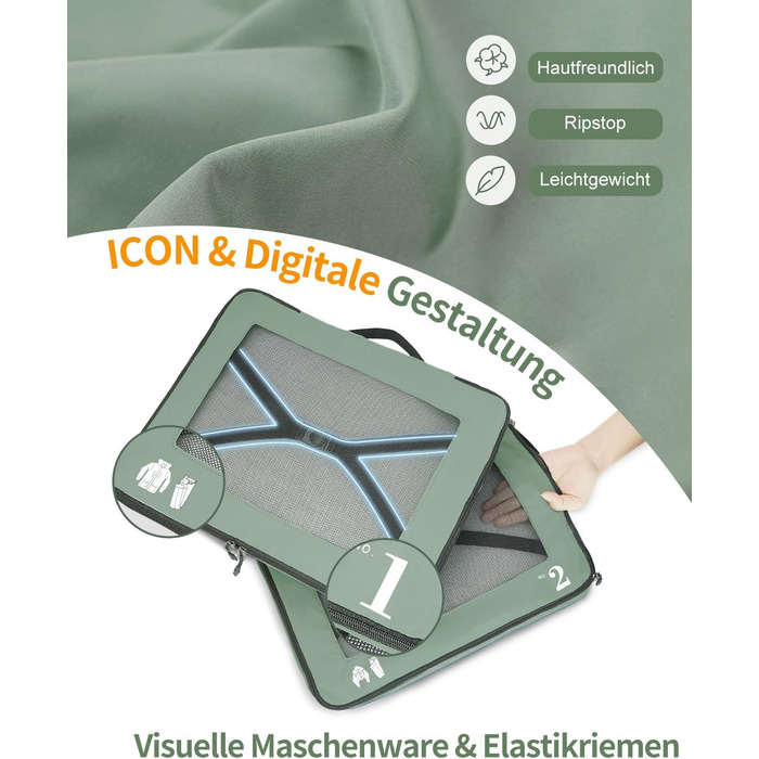 Набір органайзерів для валізи ECOHUB 7 шт., тревел-куби з блискавкою, з переробленого PET, зелений колір