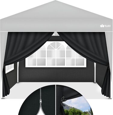 tillvex® for 3x3m Pavilion | Folding Pavilion Side Walls Water-Repellent | Side Windows & Zipper | Side Walls for Garden Tent Party Tent (4x Side Wall, Black)