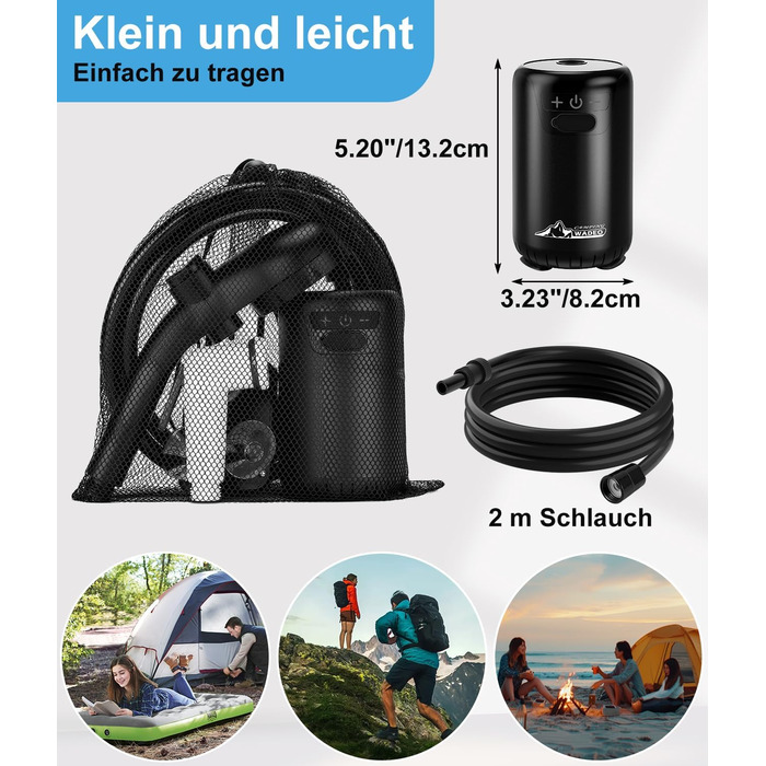 WADEO Portable Camping Shower Battery with Pump, Camping Shower with Rechargeable 6000/8000mAh Battery, Mobile Showers Outdoor Showers with Shower Head and Hose, for Camping, Travel, Garden, Car Washing (Black, 10 Gänge and with Double Digital Display)