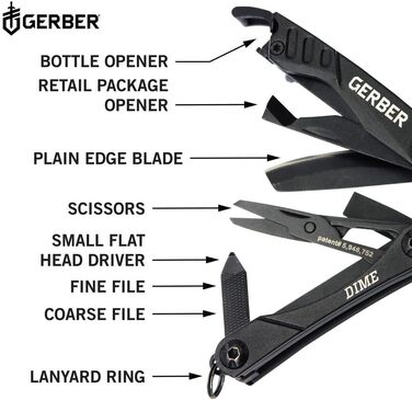 Gerber Multifunction Tool with 12 Functions, Dime Pocket Multi-tool, Black, 1014030