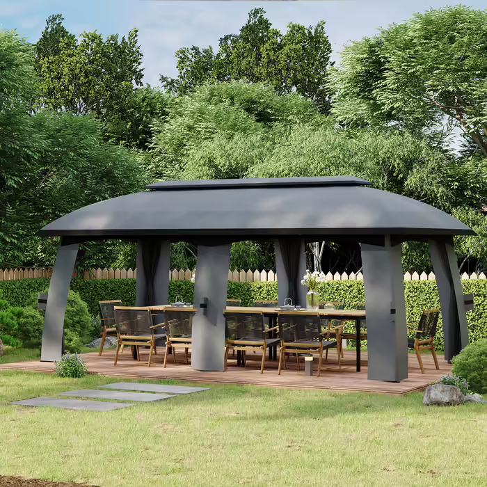 Outsunny Garden Pavilion 3 x 6 m Party Tent with Double Roof & Side Walls, Mosquito Nets for up to 15 People, Galvanized Metal, Dark Grey
