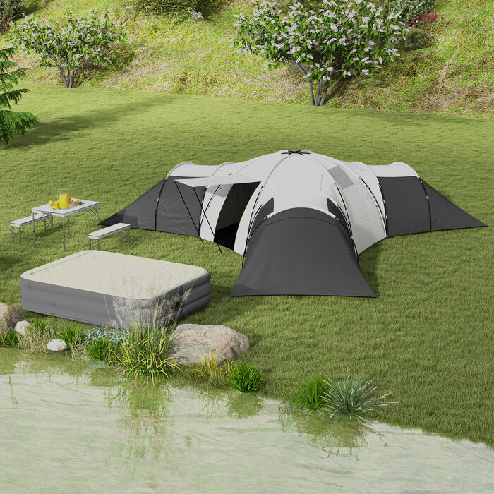 Намет Outsunny Tunnelzelt Campingzelt для 6-9 осіб з 3 спальнями, вітальнею та верандою, водовідштовхування 2000 мм, сірий
