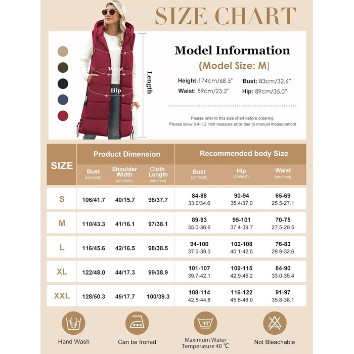 Жіноча довга степкова жилетка Vancavoo з капюшоном, червона, XXL