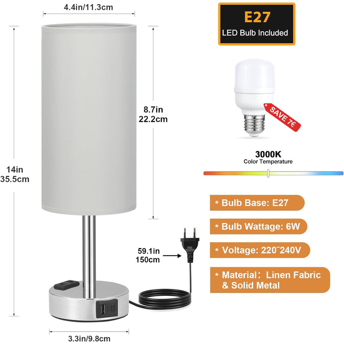 Настільна лампа Kakanuo з торшером, USB-порт, диммування, для спальні, дитячої кімнати, офісу, вітальні