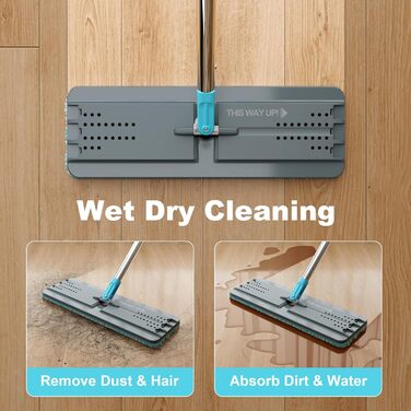 Набір для миття підлоги JOYMOOP з віджимом, моп для підлоги, набір для миття стін з довгим руків'ям, 6 мікрофібрових насадок - сірий + блакитний відро #2124 + плоский моп 60' + 6 мікрофібрових насадок