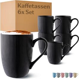 Coffee Mugs 6-Piece Set Modern Black - Unique Stripe Pattern - Matte Ceramic - Microwave Safe - Dishwasher Safe & Comfortable Handle