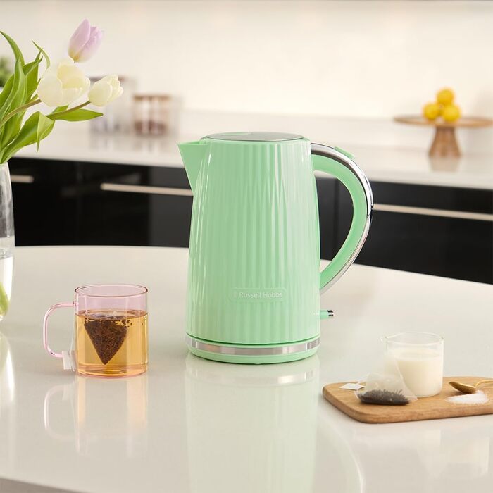 Russell Hobbs Kettle [1.7L 2400W] Eden White, Stainless Steel Accents (removable scale filter, lid opening with a push of a button, water level indicator, illuminated switch, BPA free) Teakettle 27360-70 (Pistachio)