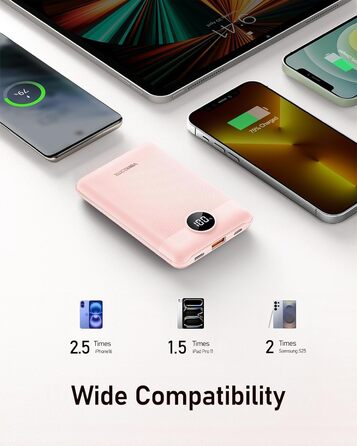 Powerbank VEEKTOMX 10000mAh з PD3.0 та QC3.0, 22,5W, Mini, USB-C, для iPhone/iPad/Samsung/Huawei/Xiaomi/OnePlus, білий/рожевий