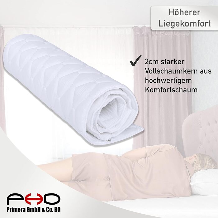 PHD Primera Mattress Topper 160x200cm Flat/Thin - 2 cm Height with Cover for Box Springs & Double Beds - Made in EU. Connects mattresses into one sleeping surface. Topper washable up to 40°C 160 x 200