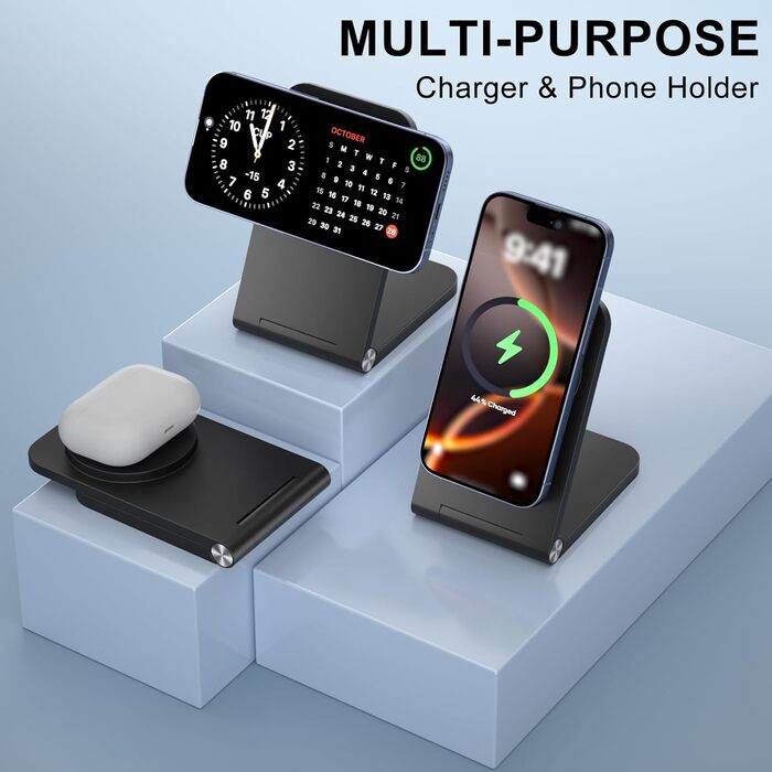 Бездротовий зарядний пристрій MagSafe, складаний, швидка зарядка, сумісний з iPhone 17/16/15/14/13/12, AirPods 3/2/Pro 2/Pro, чорний