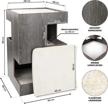 Преміум будиночок для котів з дерева, замок-вежа з ліжками, 50x50x80 см, антрацит