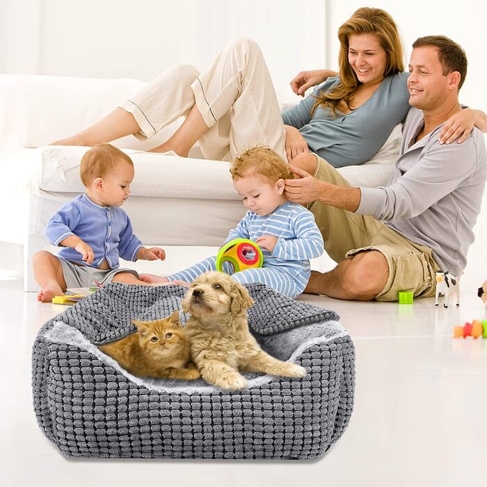 Dog Bed for Medium-Sized Dogs, Dog Basket with Removable Blanket, Corduroy Dog Beds Fluffy Washable, Non-Slip Dog Basket, Dog Sofa with High Edge Fits up to 18kg Pets (76x61x23cm)