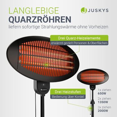 Інфрачервовий обігрівач Juskys 2000 Вт – чорний, регульований, 3 режими для тераси та саду