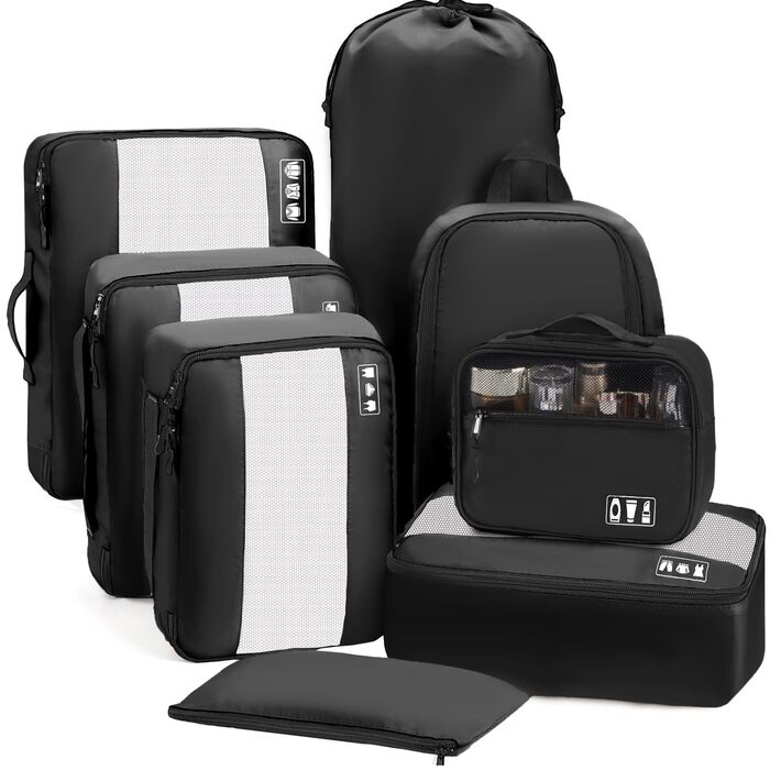 Органайзер для валізи MURISE, 8 шт. - Packing Cubes для подорожей, сумки-органайзери для валізи, з мішечком для взуття та косметички, система організації, Travel Essentials, чорний