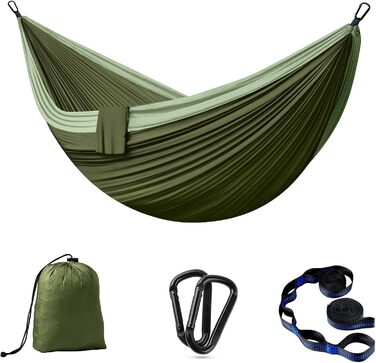 Гамак для відпочинку на природі та кемпінгу: двомісний, 300 x 200 см, ультралегкий, до 300 кг, нейлон, дихаючий, зелений