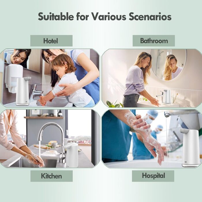 Frohsun Automatic Soap Dispenser - Rechargeable, Touchless, Motion Sensor, 350ml Capacity, Adjustable Foam Volume, IPX7 Waterproof - for Kitchen, Bathroom & Hotel Use (White)