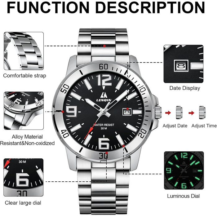 Годинник чоловічий LN LENQIN з нержавіючої сталі, водонепроникний, з датою, кварцовий, аналоговий, бізнес-стиль (сріблястий, чорний)