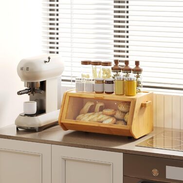 AMBIRD Бак для хліба з бамбука 20л - велика місткість з прозорими акриловими дверцятами - двошарове зберігання з вентиляцією та боковими ручками - зберігає хліб свіжим та організовує кухонний простір (CBBNA001EUAM13)