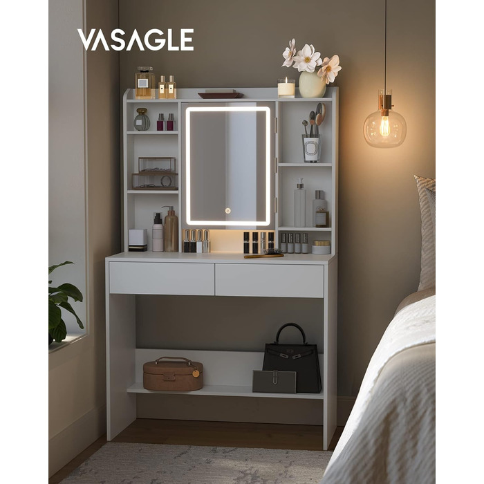 VASAGLE туалетний столик з LED-підсвіткою, 3 режими кольору, регульована яскравість, дзеркало, косметичний стіл з полицями, 2 шухляди, сучасний, білий